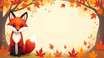 Red Fox and Autumn Leaves Border Frame with Copy Space for World Wildlife Day - Seasonal Themes Concept Featuring Nature's Beauty in Photo Stock with Empty Space for Custom Text