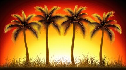 Obraz premium Palms silhouetted against vibrant sunset sky, tall grass in foreground at tropical paradise