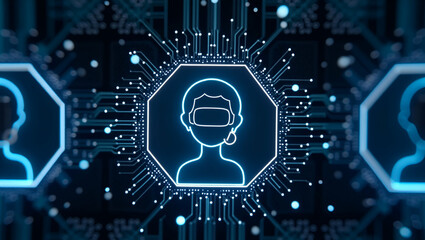 Futuristic Corporate Materials: Seamless Tile Patterns with VR Avatar Outlines and Circuit Path Lines Framed in Bright White for Bold Visual Impact in Photo Stock Concepts