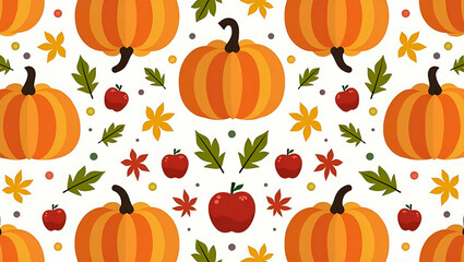 Vibrant Autumn Harvest Tile Pattern: Pumpkins, Apples & Colorful Leaves in Flat Vector Design