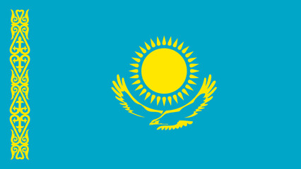 Kazakhstan flag waving against a clear blue sky, showcasing national symbols in vibrant colors