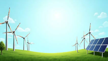 Eco-Friendly Border Frame: Solar Panels and Wind Turbines with Copy Space for World Environment Day - Green Technology Concept in Photo Stock
