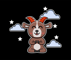 Charming Goat Mascot with Spiritual Pose, Stars and Clouds Vector Illustration Design