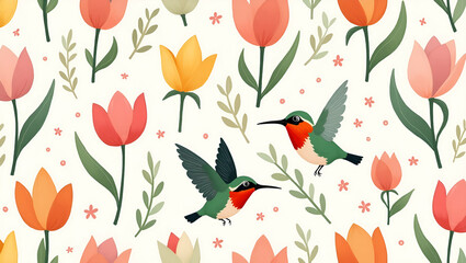 Lively Spring Vibes: Seamless Tile Pattern of Vibrant Easter Tulips and Hummingbirds in Flat Design
