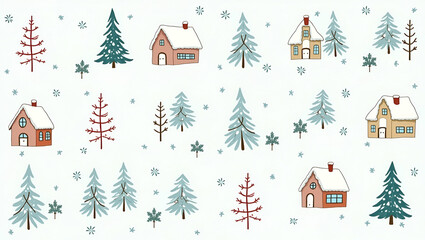 Fototapeta premium Charming Snow-Covered Christmas Village Tile Pattern for Festive Decor