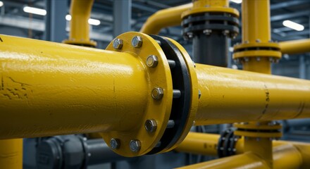 Yellow pipeline with black flange joint in industrial setting.