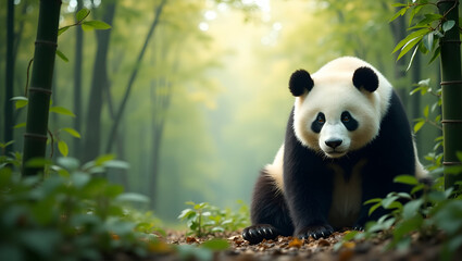 Obraz premium Panda and Bamboo Forest Border Frame: Perfect Copy Space for World Wildlife Day Conservation Messages - Capture the Essence of Nature and Wildlife Protection in Your Stock Photos