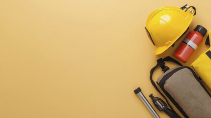 Safety gear essentials including yellow helmet, water bottle, and tools