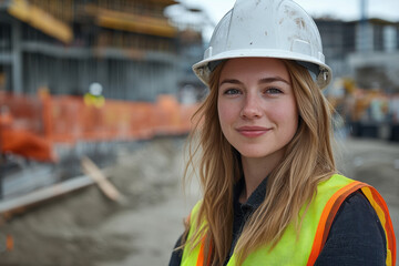 Woman in hard hat and safety vest inspecting construction site with blueprints in hand, amidst machinery and workers, under clear skies.