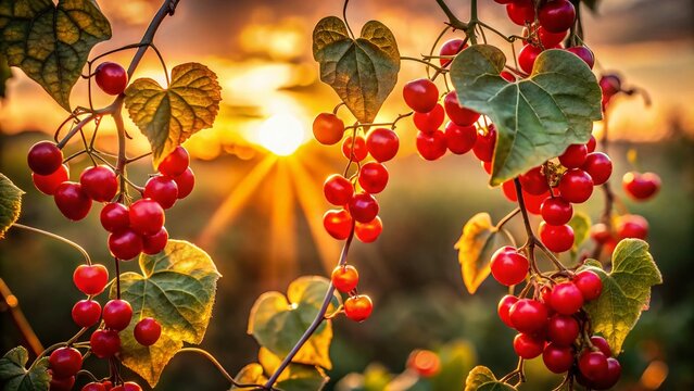 Silhouette of Red Bryony Vine with Heart-Shaped Leaves & Toxic Berries in Woodland at Sunset