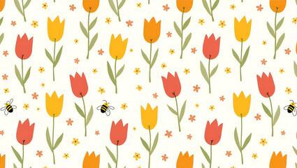 Flat Vibrant Easter tulips and bees seamless tile pattern with lively spring elements concept as Lively spring elements like vibrant Easter tulips and bees create seamless tile pattern in  Simple flat