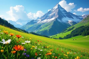 Lush green meadows, vibrant wildflowers against snow-capped peak, field, rock, summer