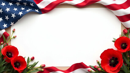 Beautifully Designed Memorial Day Frame with American Flag and Vibrant Poppies - Perfect for Messages with Ample Copy Space on the Left Side in Photo Stock Concept