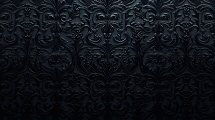 Black 3D Baroque Pattern Background. Elegant Dark Decorative Wallpaper.