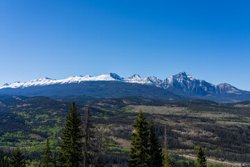Scenic view of Jasper National Park Pyramid Mountain in late spring, Jasper, Alberta, Canada.