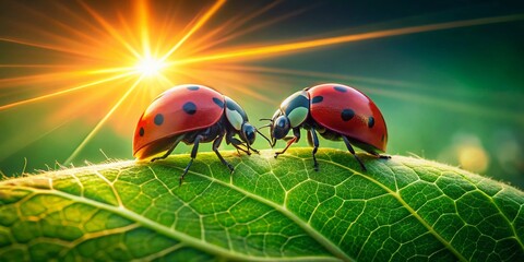 Fototapeta premium Silhouette of Two Ladybugs Mating on a Green Leaf - Nature Stock Photo