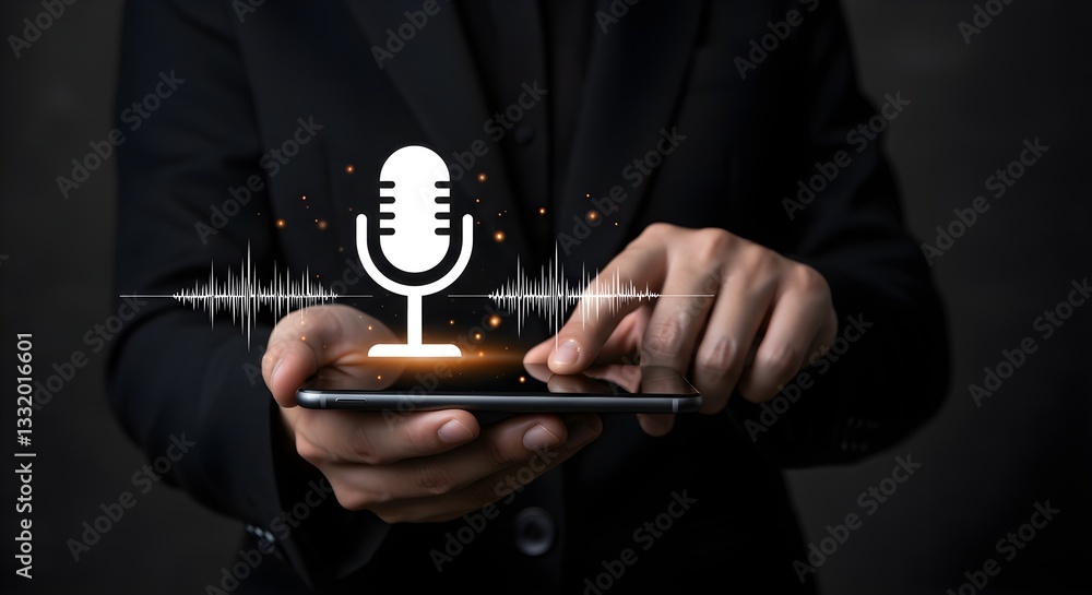 Aufkleber a person in a suit interacts with a smartphone displaying a microphone icon and sound waves, symboli