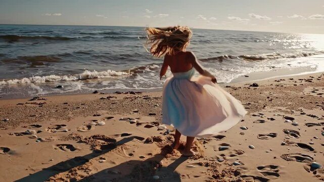 A girl joyfully twirls along the shoreline as waves gently lap at her feet. The warm sunset casts a golden glow over the beach, enhancing the peaceful atmosphere