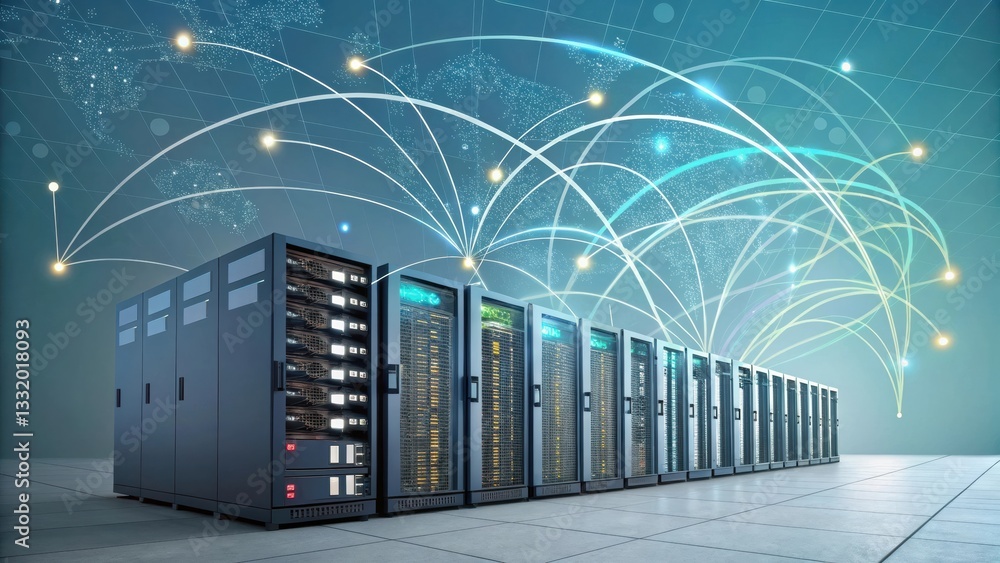 Aufkleber a futuristic server room with interconnected units, illustrating data flow and digital connectivity 