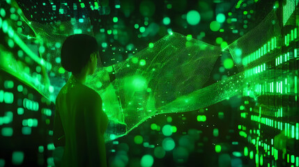 Data Transfer Concept. Green, Futuristic Digital Style. 3D Render.