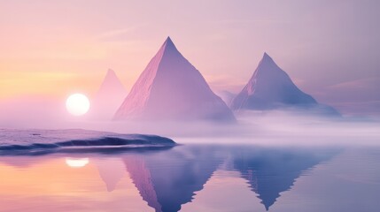 Beautiful landscape shows a sunset over misty mountain peaks and water