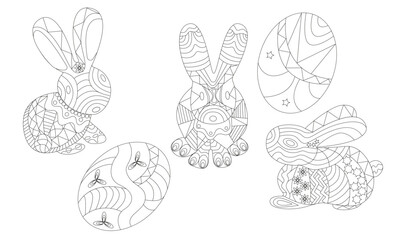 Coloring page with rabbits and Easter eggs