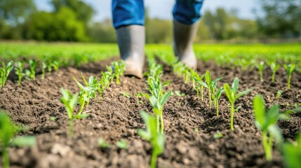 Back view of a male farmer in rubber boots walking through small green wheat sprouts in a field. An agronomist steps on the dry soil at a farm, focusing on organic plant cultivation.