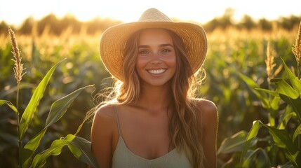 Cheerful young female farmer and entrepreneur posing in a cornfield while smiling at the camera, representing agriculture and cultivation concepts.