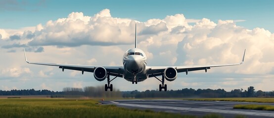 Naklejka premium airplane takeoff green runway cloudy day travel
