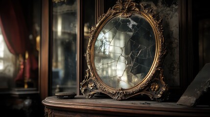 A cracked antique mirror sits atop a wooden dresser