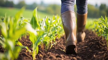 Farmer walking through young corn plants in a field. Agricultural lifestyle and business concept. Close-up of a farmer's legs in rubber boots walking on corn sprouts.