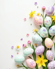 Fototapeta premium colorful easter eggs decorated with floral patterns among spring flowers and greenery