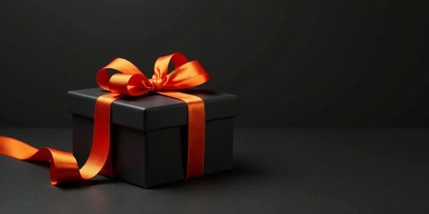 A mysterious black gift box adorned with a vibrant orange ribbon, a perfect image for holiday promotions or special occasion announcements.