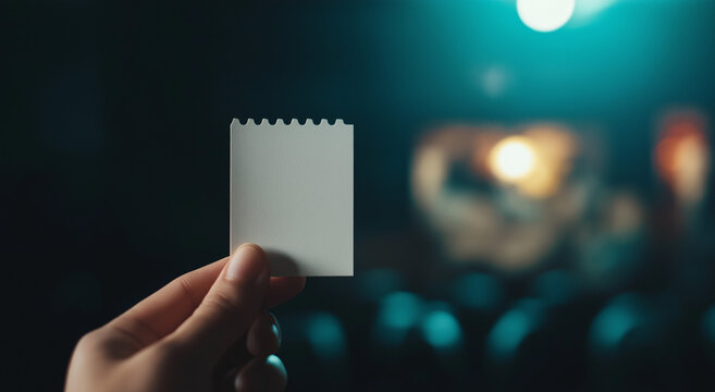 M&atilde;o segurando uma pequena folha de papel (ingresso, flyer, convite, cupom, cart&atilde;o de foto, etc.), recortada