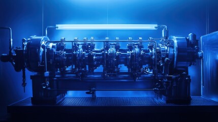 Fototapeta premium A steam-powered factory machine with complex valves and pipes, set against a deep blue background