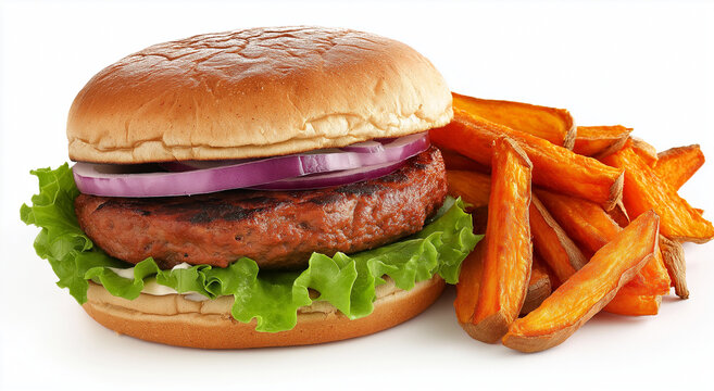 Hamb&uacute;rguer vegetal servido com batata-doce frita
