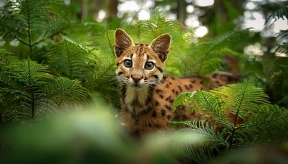 The critically endangered Iriomote cat, with its small, catlike body, hides in the dense foliage of the Japanese island of Iriomote, its sleek fur blending into the shadows