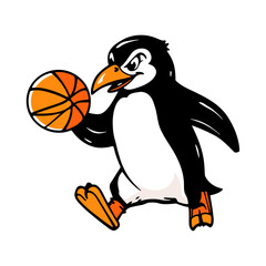 cartoon penguin dribbling a basketball, playful sports mascot illustration