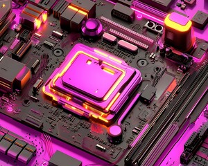 Illuminated computer motherboard showing electronic components and chips closely