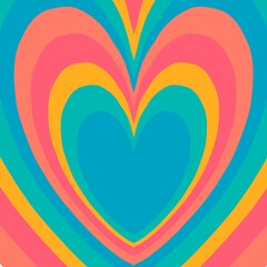 Colorful abstract pattern with concentric heart shapes in blue, pink, orange, and yellow, creating a vibrant, layered design. The pattern radiates from the center, forming symmetrical layers reminisce