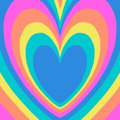 Concentric heart shapes in vibrant colors create a mesmerizing design. The largest heart is pink, followed by orange, yellow, light green, teal, and finally a central blue heart.
