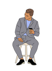 Business man sitting on an office chair, holding cup of coffee. Young handsome male character. Modern vector colored outline illustration for graphic, web design isolated