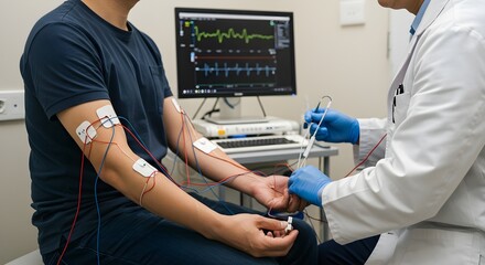 A medical professional conducts a procedure on a patient's arm while monitoring vital signs on a computer screen.