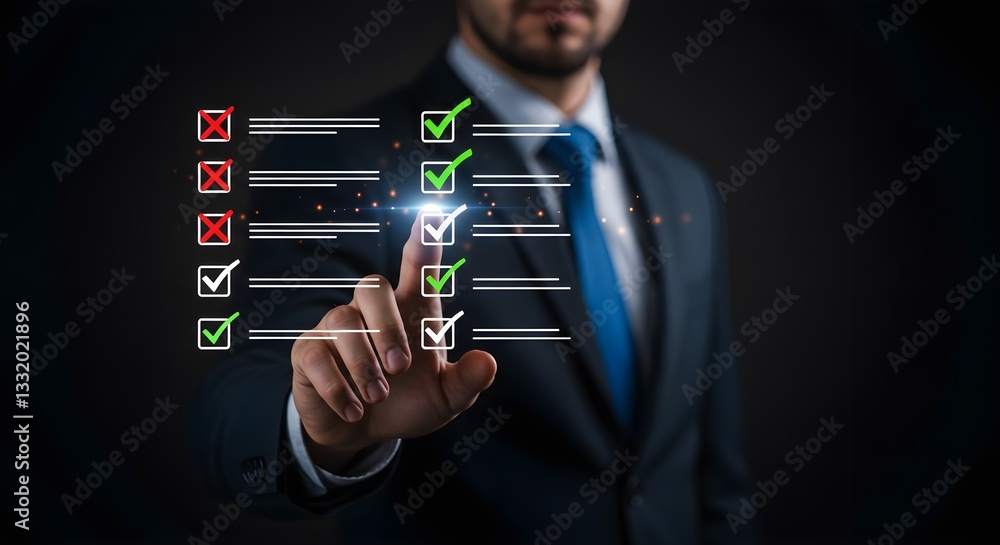 Poster a businessman interacts with digital checklists, highlighting completed tasks with green checks and 