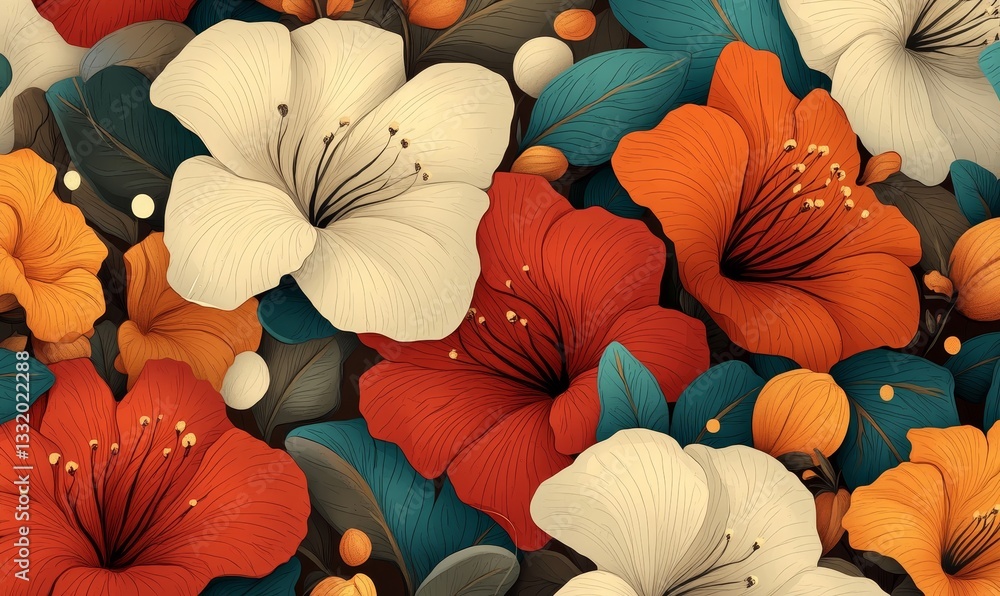Poster this design features a hand-drawn floral seamless pattern with leaves and flowers in a linear style,