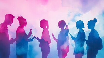 People engaged with smartphones standing together against a colorful background during a social gathering