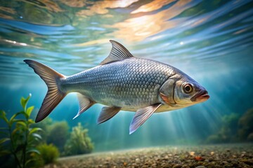 Fototapeta premium Silver Carp Fish Swimming in Water - Stock Photo