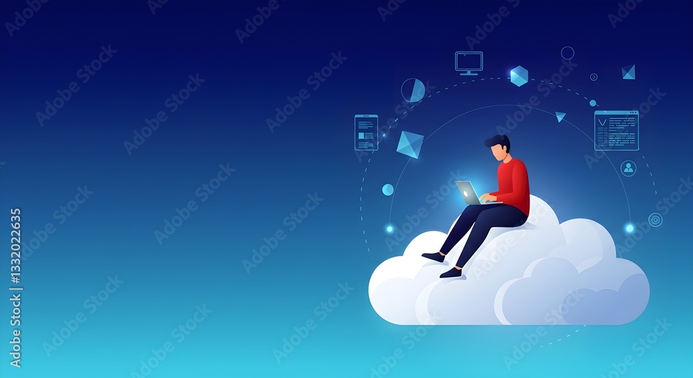 Poster a digital illustration of a person sitting on a cloud, engaging with a mobile device amidst floating
