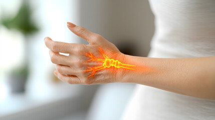 Fair-skinned woman left hand numbness wrist neuropathy pain orange-red flare holographic model bones nerves after accident consulting doctor clinic hospital