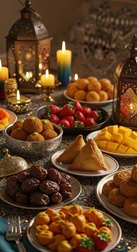 A Festive Ramadan Table Setting with Sweets and Lanterns